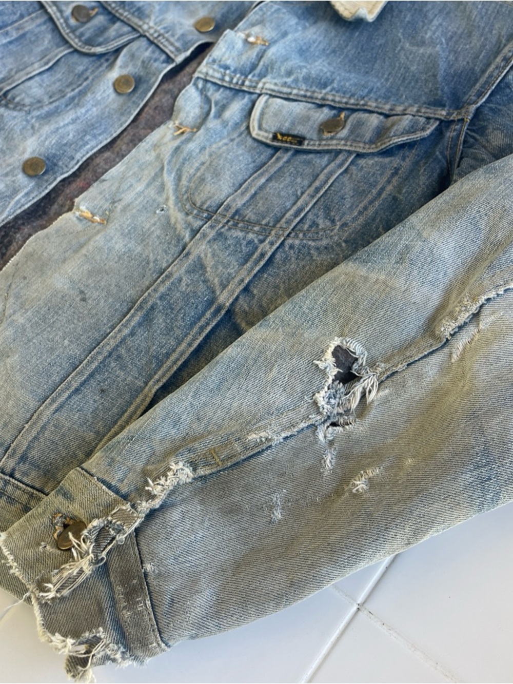 Vintage Lee Storm Rider Denim Jacket M Distressed Blanket Lined Workwear Faded - Picture 6 of 16